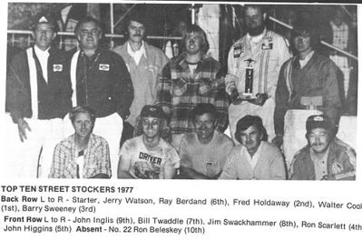 Top 10 Street Stockers 1977 at Barrie Speedway
Top 10 Street Stockers 1977 at Barrie Speedway

Photo Credit: Rod McLeod
Keywords: Top 10 Street Stockers 1977 Barrie Speedway