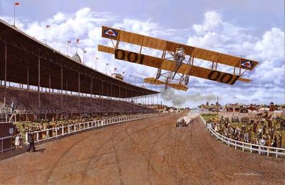 Ruth Law racing at the 1918 Canadian National Exhibition.
Ruth Law racing her Curtiss Pusher biplane against an auto driven by Gaston Chevrolet

Photo Credit: Bruce, Jim Paintings
Keywords: Ruth Law Canadian National Exhibition 1918